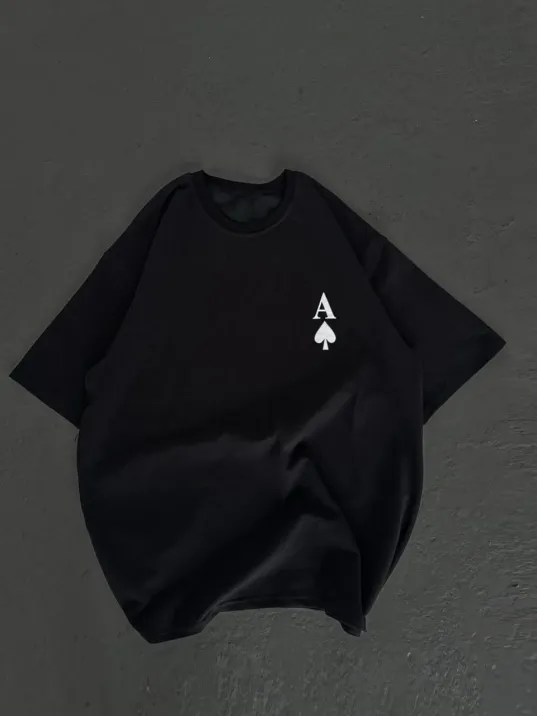 Unisex Bisiklet Yaka Baskılı Oversize T-Shirt - Siyah Unisex Bisiklet Yaka Baskılı Oversize T-Shirt - Siyah