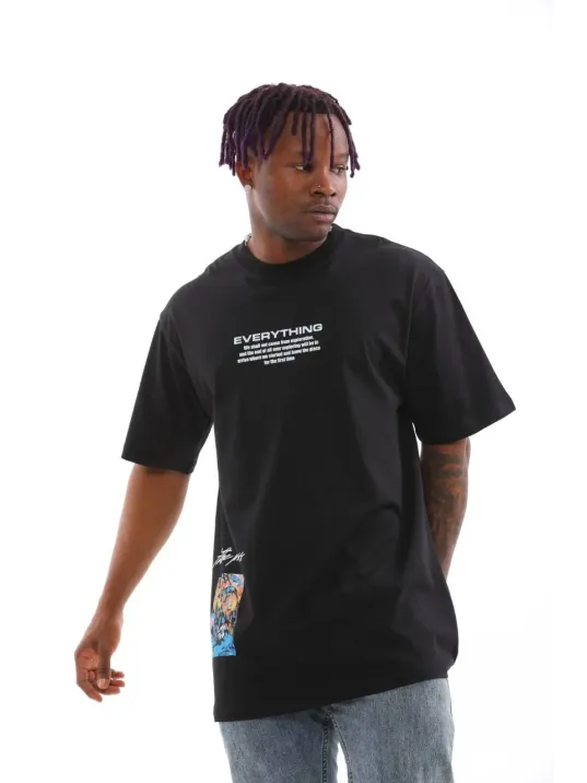 Unisex Bisiklet Yaka Baskılı Oversize T-Shirt - Siyah Unisex Bisiklet Yaka Baskılı Oversize T-Shirt - Siyah