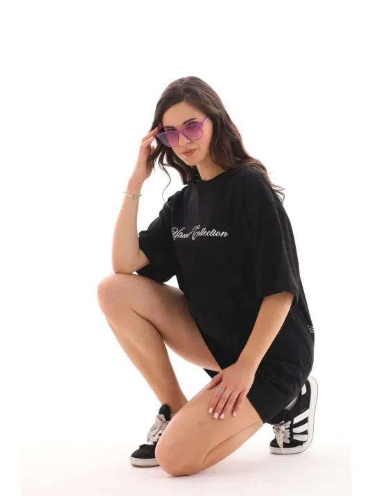 Unisex Bisiklet Yaka Baskılı Oversize T-shirt - Siyah