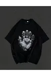 Unisex Bisiklet Yaka Baskılı Oversize T-shirt - Siyah