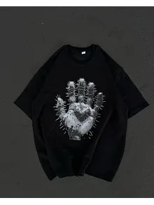Unisex Bisiklet Yaka Baskılı Oversize T-shirt - Siyah