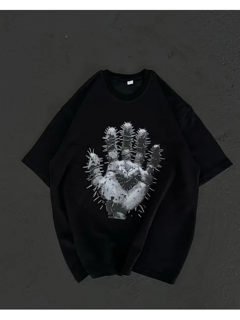 Unisex Bisiklet Yaka Baskılı Oversize T-shirt - Siyah