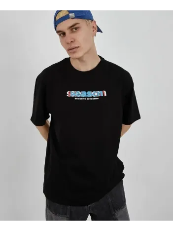 Unisex Bisiklet Yaka Baskılı Oversize T-shirt - Siyah