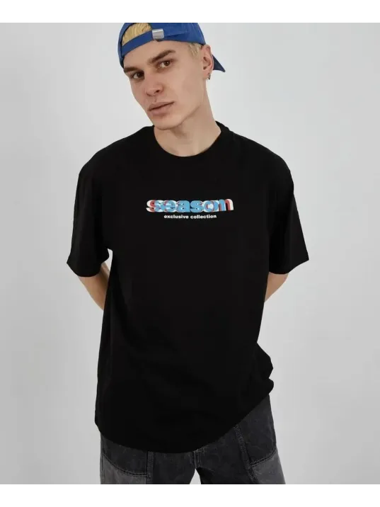 Unisex Bisiklet Yaka Baskılı Oversize T-shirt - Siyah