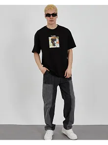 Unisex Bisiklet Yaka Baskılı Oversize T-shirt - Siyah
