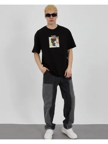 Unisex Bisiklet Yaka Baskılı Oversize T-shirt - Siyah