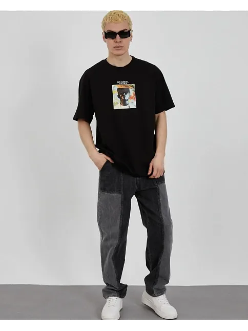 Unisex Bisiklet Yaka Baskılı Oversize T-shirt - Siyah