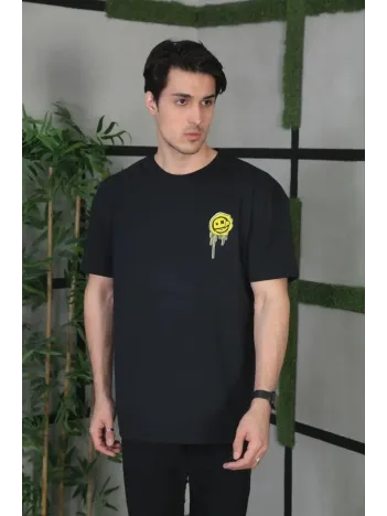 Unisex Bisiklet Yaka Baskılı Oversize T-Shirt - Siyah Unisex Bisiklet Yaka Baskılı Oversize T-Shirt - Siyah