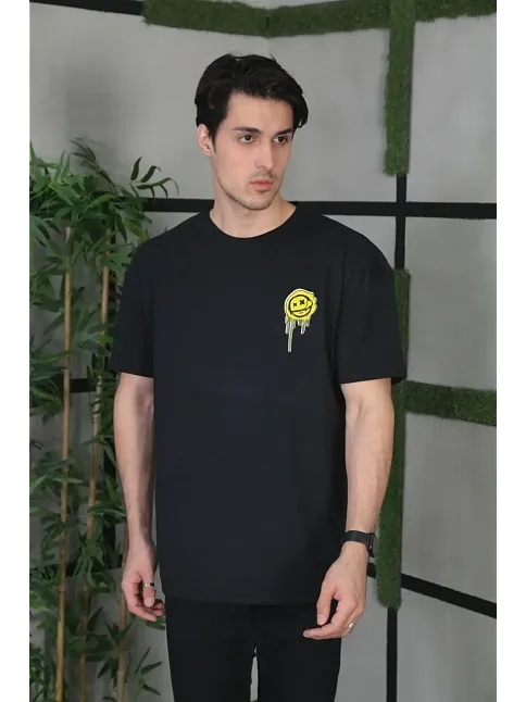 Unisex Bisiklet Yaka Baskılı Oversize T-shirt - Siyah