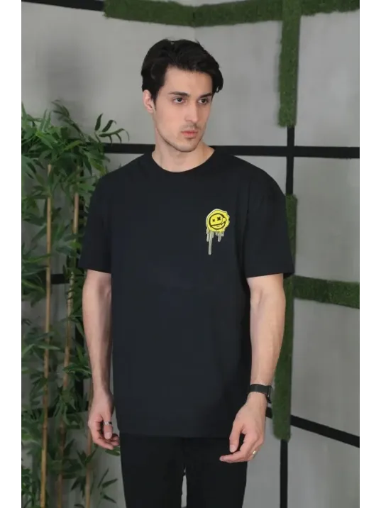 Unisex Bisiklet Yaka Baskılı Oversize T-Shirt - Siyah Unisex Bisiklet Yaka Baskılı Oversize T-Shirt - Siyah