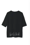 Unisex Bisiklet Yaka Baskılı Oversize T-shirt - Siyah