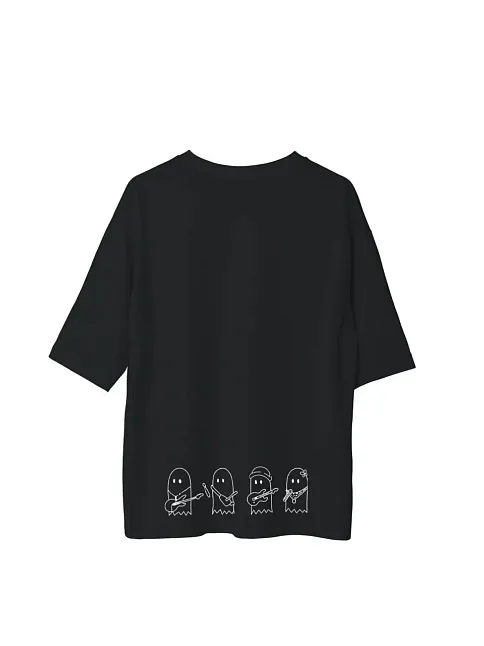 Unisex Bisiklet Yaka Baskılı Oversize T-shirt - Siyah