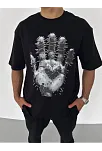 Unisex Bisiklet Yaka Baskılı Oversize T-shirt - Siyah