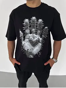 Unisex Bisiklet Yaka Baskılı Oversize T-shirt - Siyah