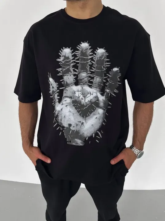 Unisex Bisiklet Yaka Baskılı Oversize T-Shirt - Siyah Unisex Bisiklet Yaka Baskılı Oversize T-Shirt - Siyah