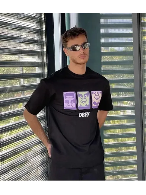 Unisex Bisiklet Yaka Baskılı Oversize T-shirt - Siyah