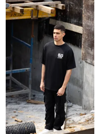 Unisex Bisiklet Yaka Baskılı Oversize T-Shirt - Siyah Unisex Bisiklet Yaka Baskılı Oversize T-Shirt - Siyah