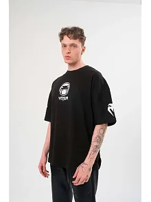 Unisex Bisiklet Yaka Baskılı Oversize T-shirt - Siyah