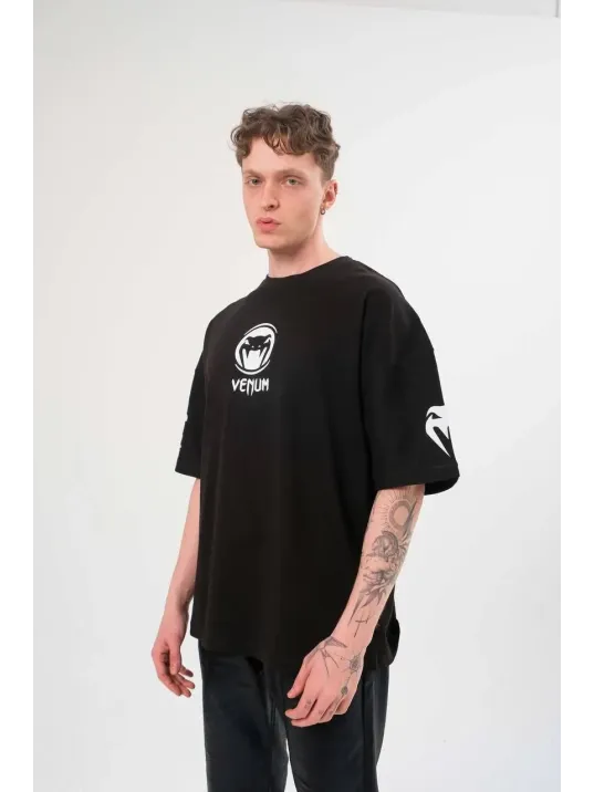 Unisex Bisiklet Yaka Baskılı Oversize T-Shirt - Siyah Unisex Bisiklet Yaka Baskılı Oversize T-Shirt - Siyah