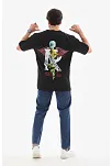 Unisex Bisiklet Yaka Baskılı Oversize T-shirt - Siyah