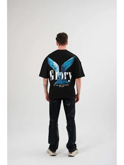 Unisex Bisiklet Yaka Baskılı Oversize T-shirt - Siyah