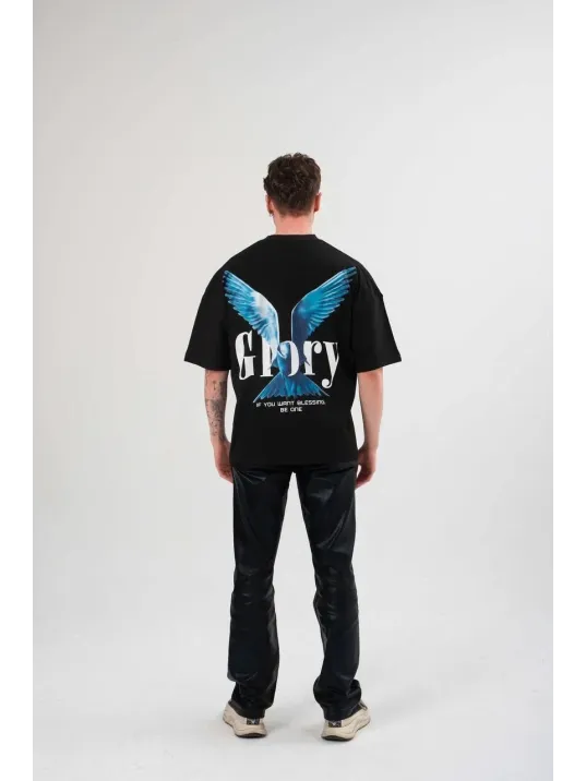 Unisex Bisiklet Yaka Baskılı Oversize T-Shirt - Siyah