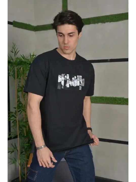 Unisex Bisiklet Yaka Baskılı Oversize T-Shirt - Siyah