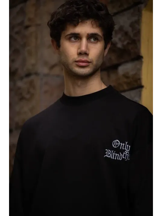 Unisex Bisiklet Yaka Baskılı Oversize T-shirt - Siyah