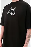 Unisex Bisiklet Yaka Baskılı Oversize T-shirt - Siyah