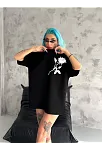 Unisex Bisiklet Yaka Baskılı Oversize T-shirt - Siyah