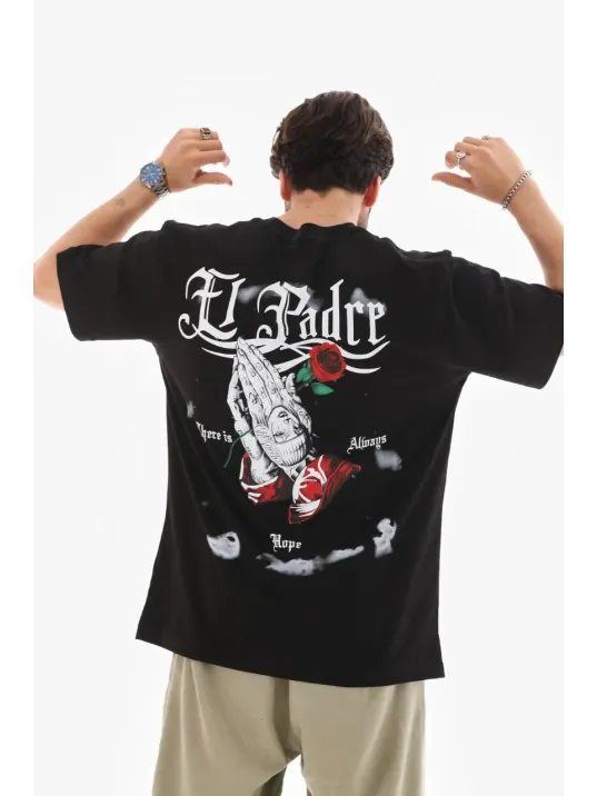 Unisex Bisiklet Yaka Baskılı Oversize T-Shirt - Siyah