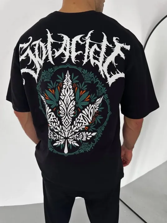 Unisex Bisiklet Yaka Baskılı Oversize T-Shirt - Siyah Unisex Bisiklet Yaka Baskılı Oversize T-Shirt - Siyah