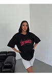 Unisex Bisiklet Yaka Baskılı Oversize T-shirt - Siyah
