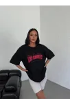 Unisex Bisiklet Yaka Baskılı Oversize T-shirt - Siyah