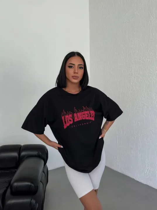 Unisex Bisiklet Yaka Baskılı Oversize T-Shirt - Siyah Unisex Bisiklet Yaka Baskılı Oversize T-Shirt - Siyah