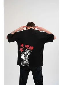 Unisex Bisiklet Yaka Baskılı Oversize T-shirt - Siyah