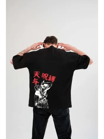 Unisex Bisiklet Yaka Baskılı Oversize T-Shirt - Siyah Unisex Bisiklet Yaka Baskılı Oversize T-Shirt - Siyah