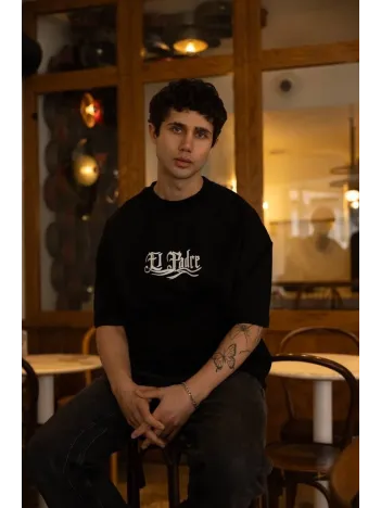 Unisex Bisiklet Yaka Baskılı Oversize T-Shirt - Siyah Unisex Bisiklet Yaka Baskılı Oversize T-Shirt - Siyah