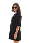 Unisex Bisiklet Yaka Baskılı Oversize T-shirt - Siyah