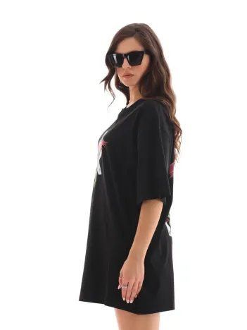 Unisex Bisiklet Yaka Baskılı Oversize T-Shirt - Siyah Unisex Bisiklet Yaka Baskılı Oversize T-Shirt - Siyah