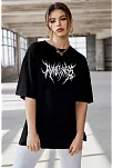 Unisex Bisiklet Yaka Baskılı Oversize T-shirt - Siyah
