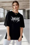 Unisex Bisiklet Yaka Baskılı Oversize T-shirt - Siyah