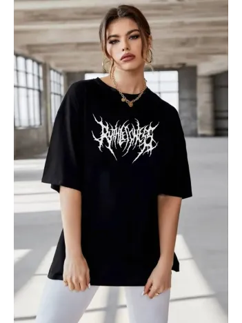 Unisex Bisiklet Yaka Baskılı Oversize T-Shirt - Siyah Unisex Bisiklet Yaka Baskılı Oversize T-Shirt - Siyah