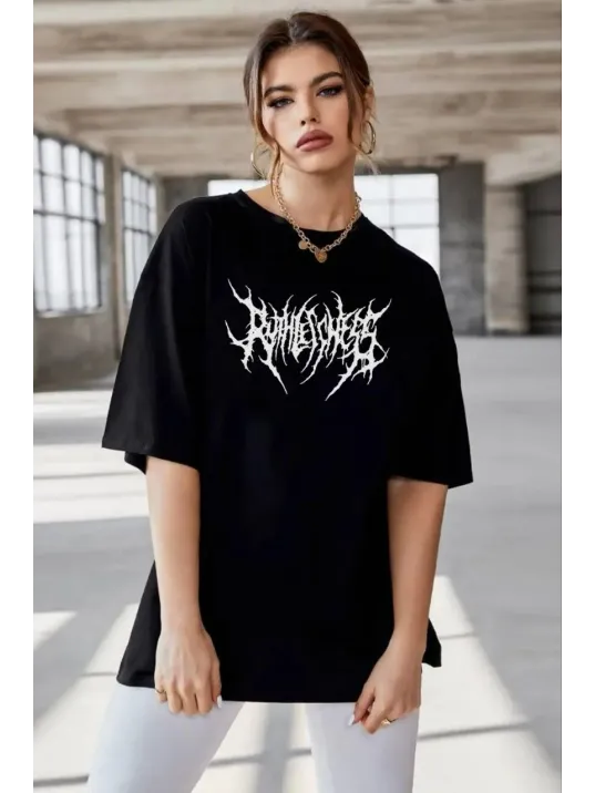 Unisex Bisiklet Yaka Baskılı Oversize T-Shirt - Siyah Unisex Bisiklet Yaka Baskılı Oversize T-Shirt - Siyah