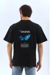 Unisex Bisiklet Yaka Baskılı Oversize T-shirt - Siyah