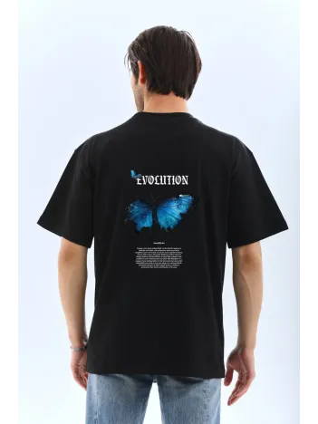 Unisex Bisiklet Yaka Baskılı Oversize T-shirt - Siyah