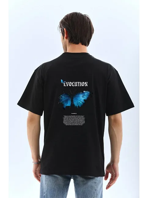 Unisex Bisiklet Yaka Baskılı Oversize T-shirt - Siyah