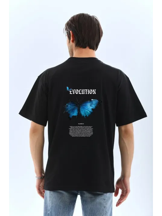 Unisex Bisiklet Yaka Baskılı Oversize T-shirt - Siyah