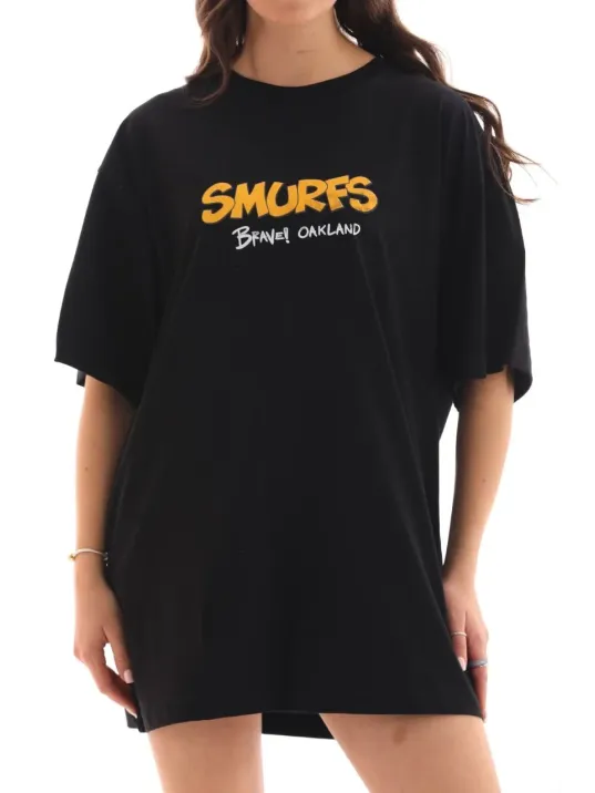 Unisex Bisiklet Yaka Baskılı Oversize T-Shirt - Siyah