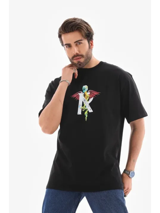 Unisex Bisiklet Yaka Baskılı Oversize T-Shirt - Siyah